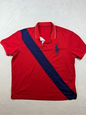 Polo Ralph Lauren XXL Performance Red Big Polo Pony Logo Navy Diagonal Stripe